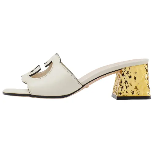 GUCCI Interlocking G Leather Sandals White Golden Women's