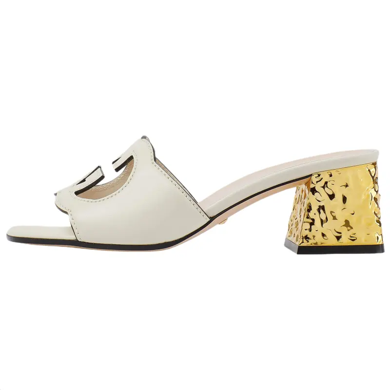 GUCCI Interlocking G Leather Sandals White Golden Women's