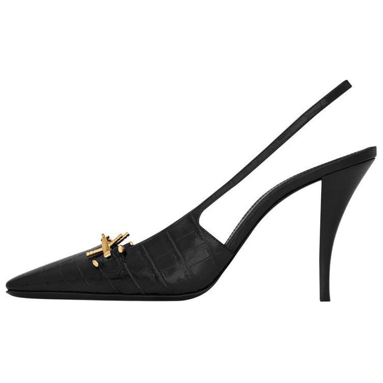 SAINT LAURENT Blade Slingback Pump Black Crocodile Embossed Patent Leather Women's