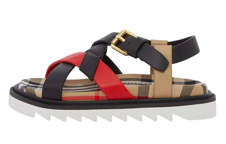 Burberry Burberry Burberry Vintage plaid and three-color leather versatile children's sandals beige children's style