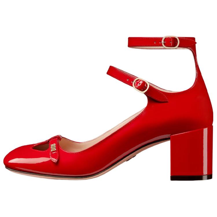 DIOR Aime Leather Double Buckle Chunky Heel High Heels Women's Red
