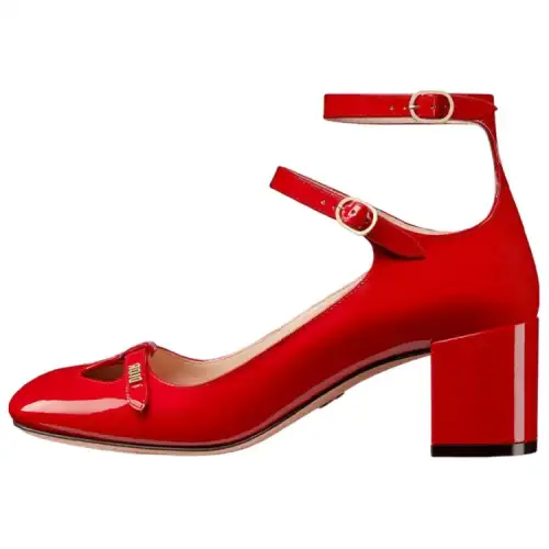 DIOR Aime Leather Double Buckle Chunky Heel High Heels Women's Red