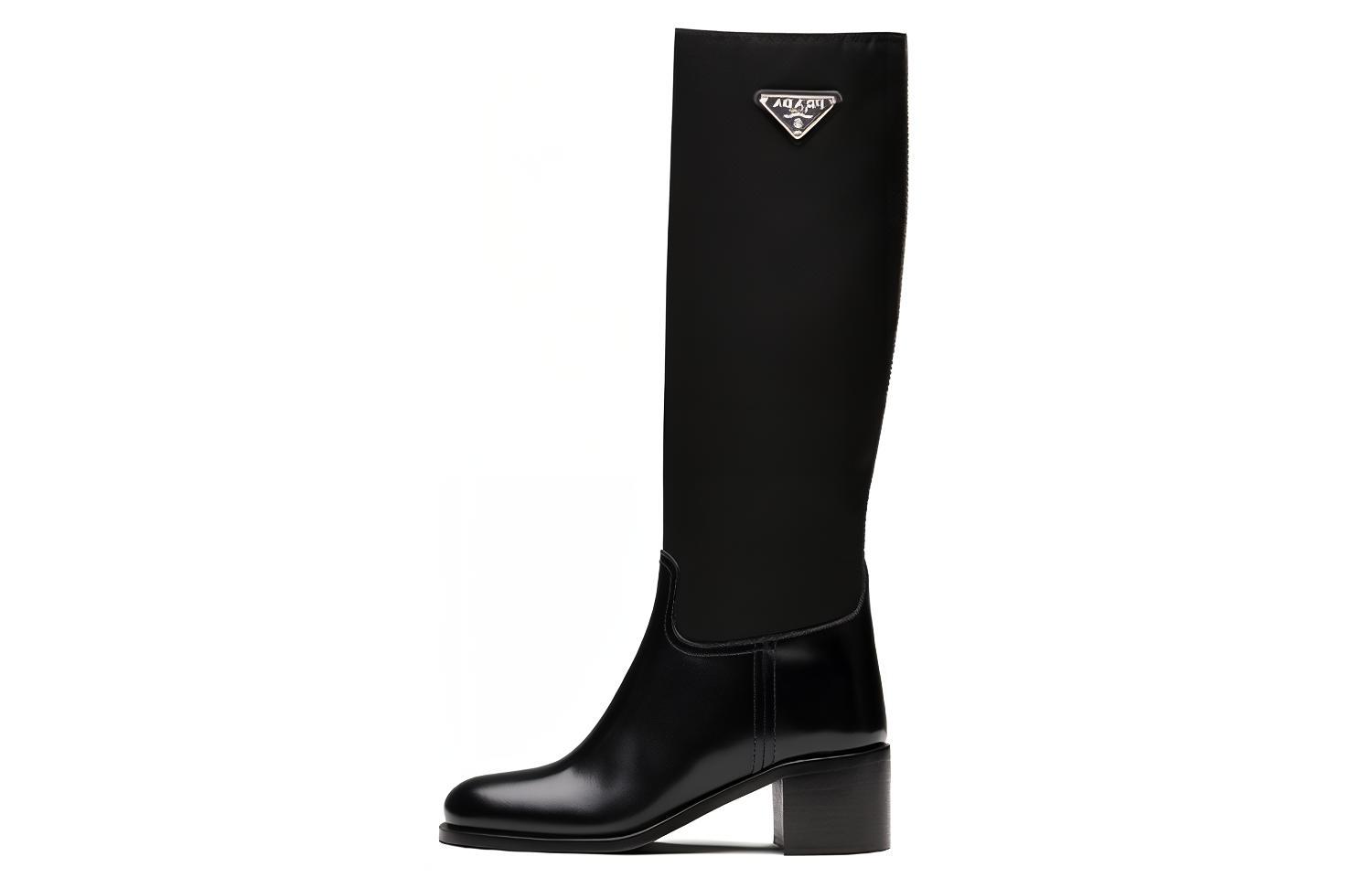PRADA Black Brushed Leather And Re nylon Knee Boots 'Black' Women's