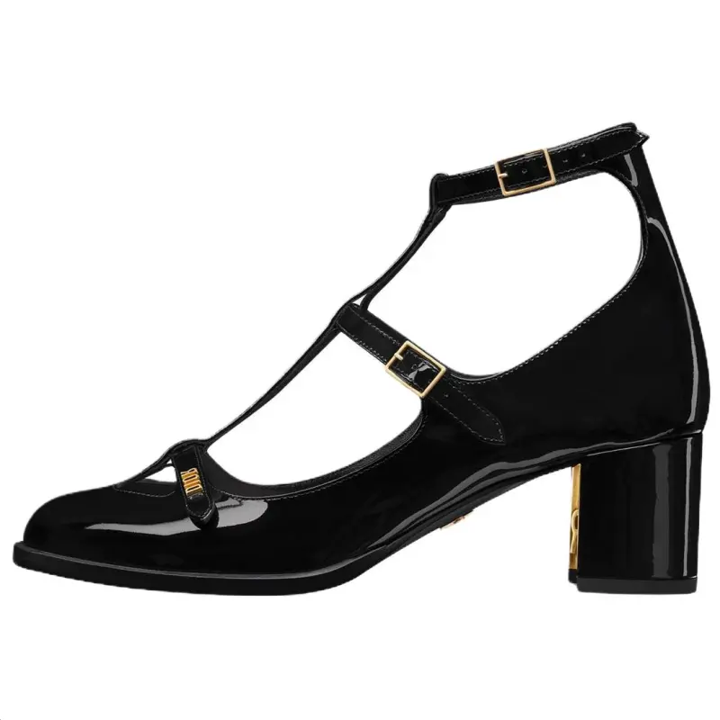 DIOR Aime Dior Patent Leather Chunky Heel Mary Jane Shoes 5.5cm Women's Black