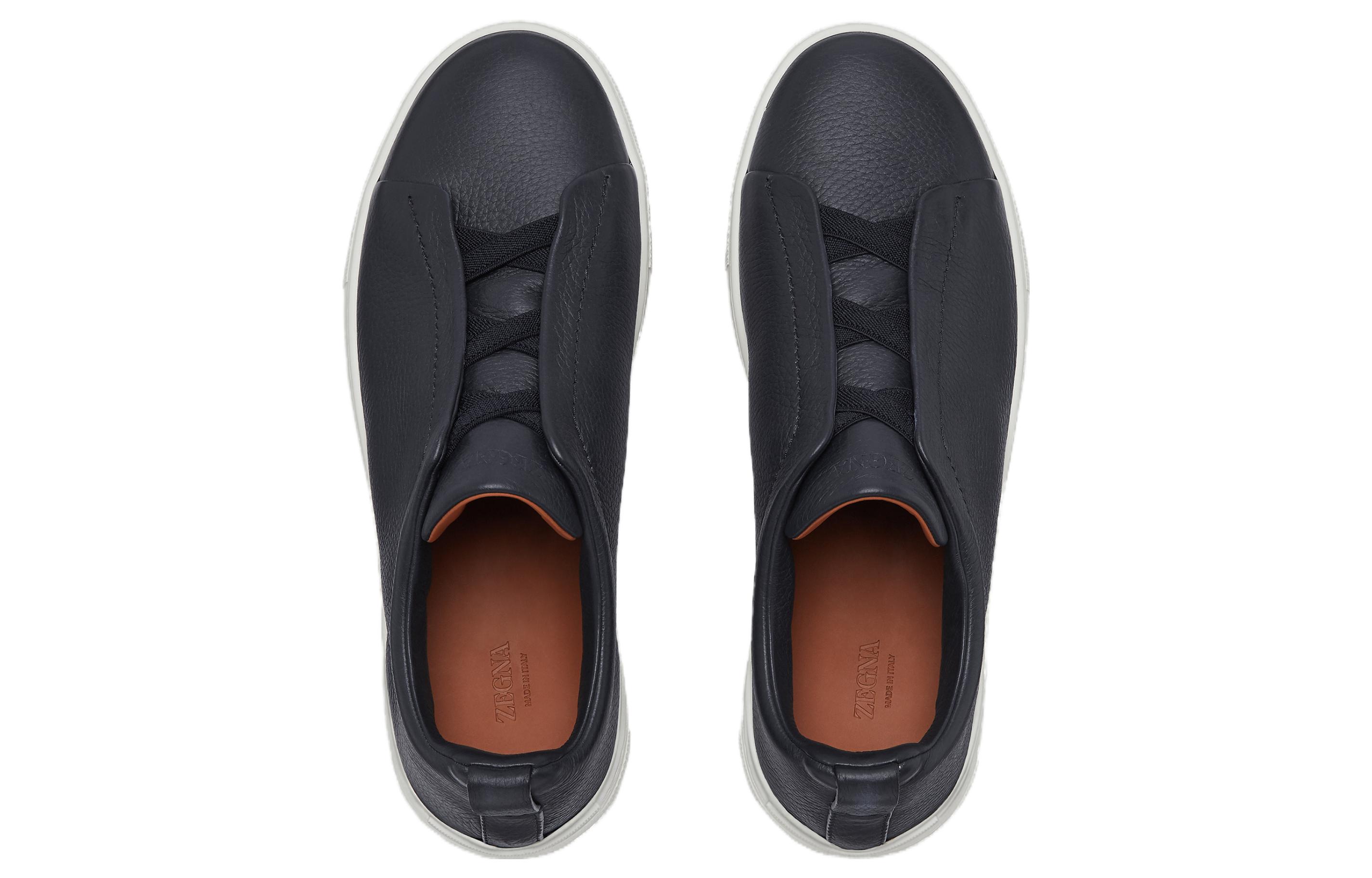 Ermenegildo Zegna Triple Stitch Leather Round Tip Low top Stylish Skateboarding Shoes Men's Marine Blue