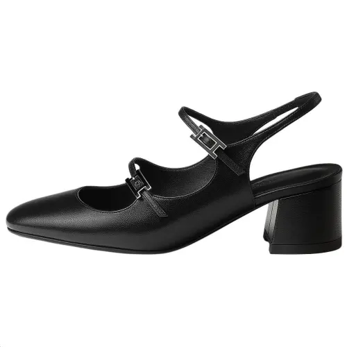 HERMES Jackie Chunky Heel Mary Jane Shoes 5CM Women's Black