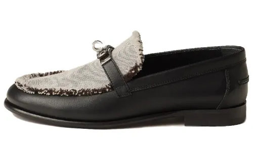 HERMES Destin Cow Leather, Textile Loafers Women's Gray Black