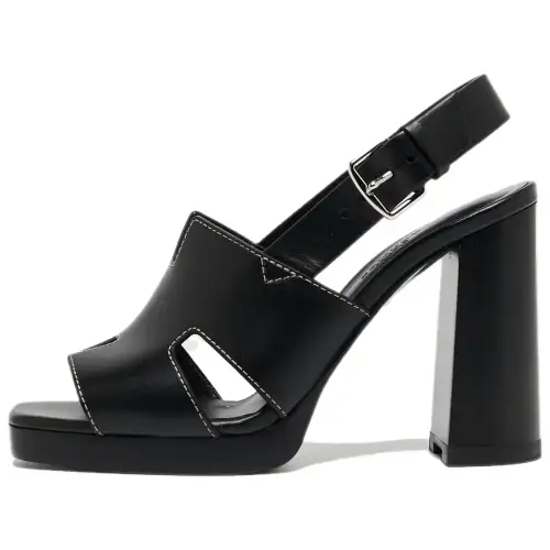 HERMES Eris Leather One Strap Sandals 9cm Women's Black