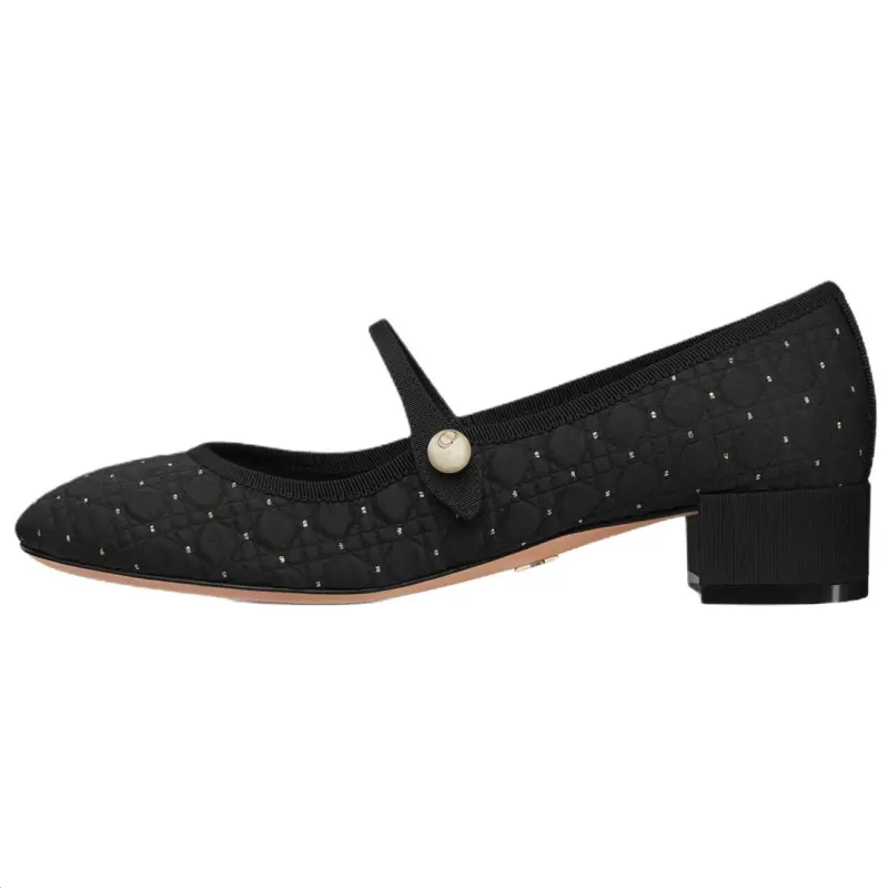 DIOR Cotton Fabric Chunky Heel Mary Jane Shoes 3cm Women's Black