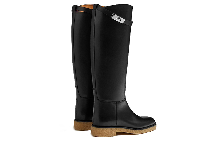 HERMES Faustine Cow Leather Knee high Boots Women's Black