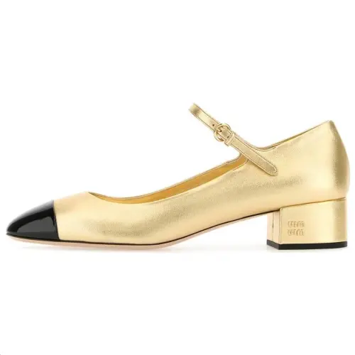MIU MIU Leather Chunky Heel Mary Jane Shoes Women's Gold