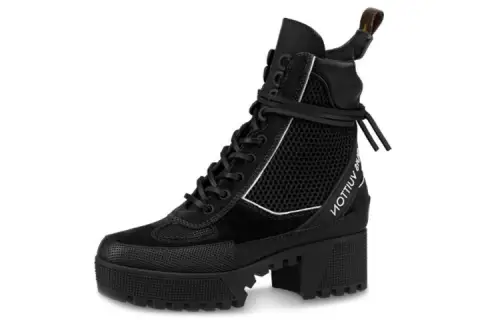 LOUIS VUITTON Lv Laureate Suede Small Cowhide Combat Boots Black Women's