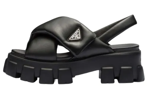PRADA Monolith Padded 55mm Sandals Black Nappa Leather Women's
