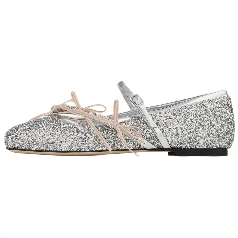Jimmy Choo Loli Ballerina Leather Satin Glitter Square Toe Buckle Ballet Flats Flat Heel Mary Jane Shoes Women's Silver with Macaron