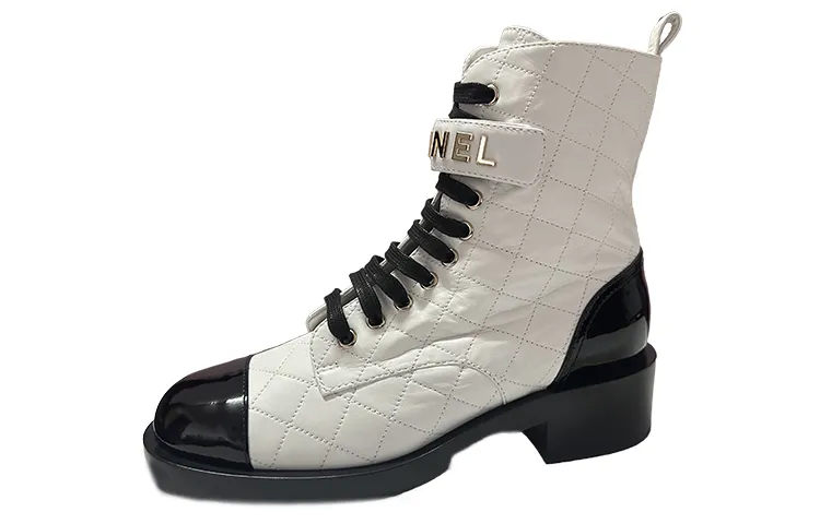 CHANEL Calfskin Short Combat Boots Women's White Black