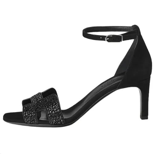 HERMES JOY Leather One Strap Sandals 7cm Women's Black
