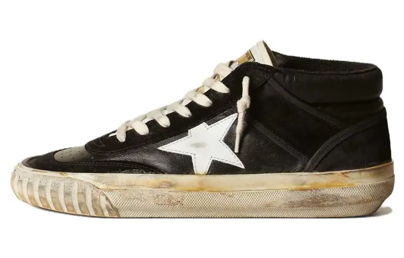 Golden Goose Mid Star Leather Mid top Skateboard Shoes Women's Black White Distressed