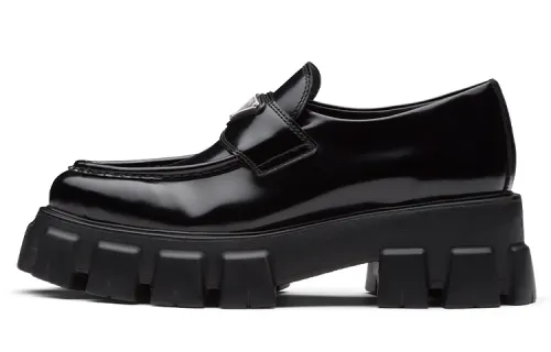 PRADA Monolith 55mm Pointy Loafer Black Brushed Leather Women's