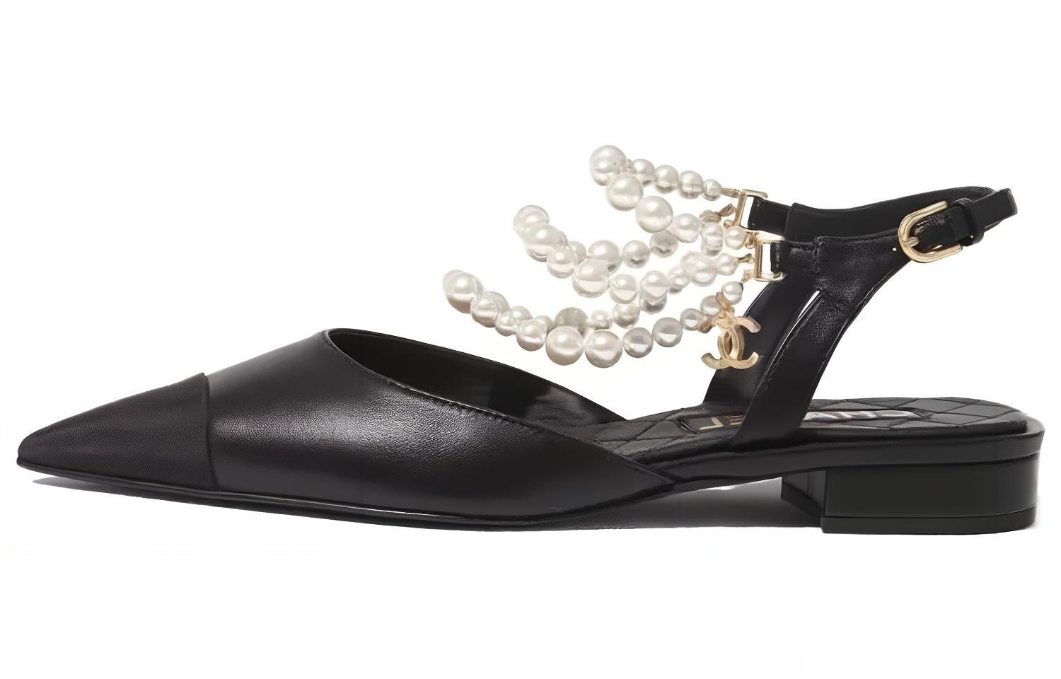 CHANEL Chanel leather pointed toe flats women's black