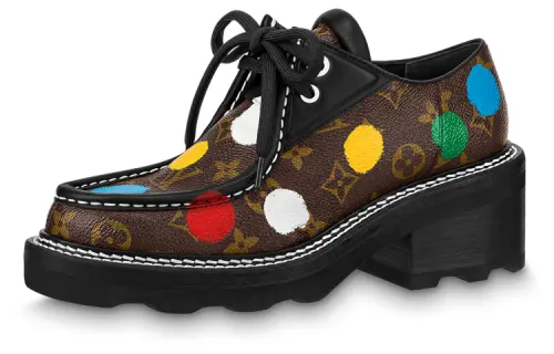 Yayoi Kusama x LOUIS VUITTON Beaubourg Lace Up Chunky Heel Mid Low Heel Shoes Women's Brown