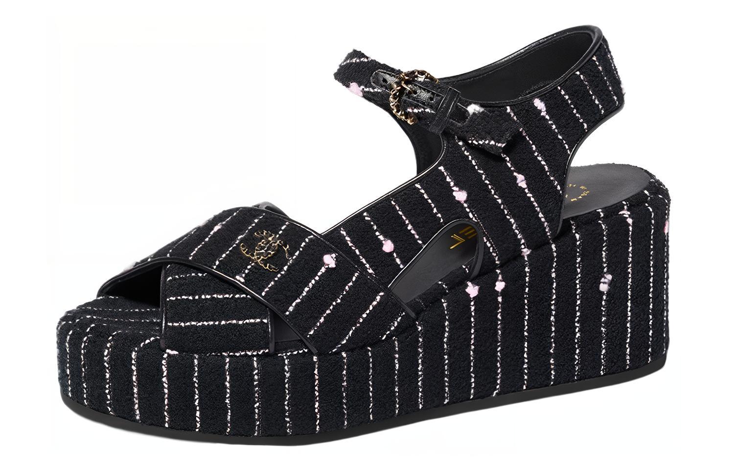 CHANEL Cotton Fabric Beach Sandals Women's Black