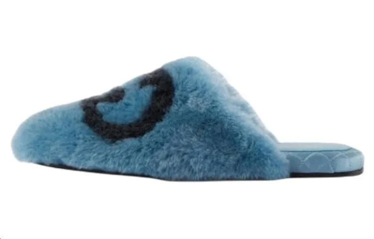 GUCCI Interlocking G Faux Fur Slippers Blue Black Women's
