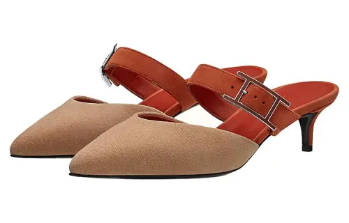 HERMES Blink Slim Heel Closed Toe Slippers Women's Brown