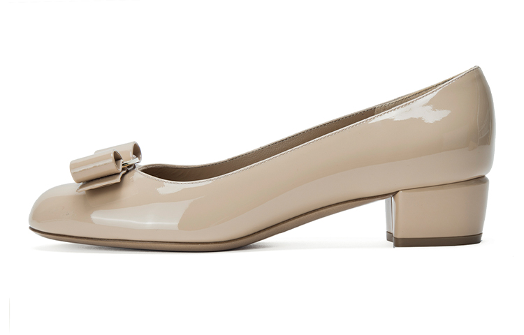 FERRAGAMO Vara Leather Satin Chunky Heel High Heels 3cm Women's Nude