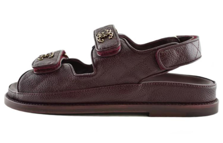 CHANEL Leather Hook and loop Beach Sandals Women's Burgundy