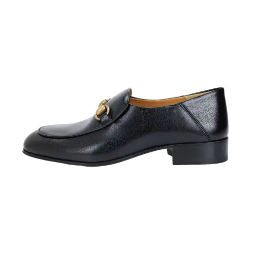 GUCCI Horsebit Slip On Loafer Gold Tone Black Leather Women's