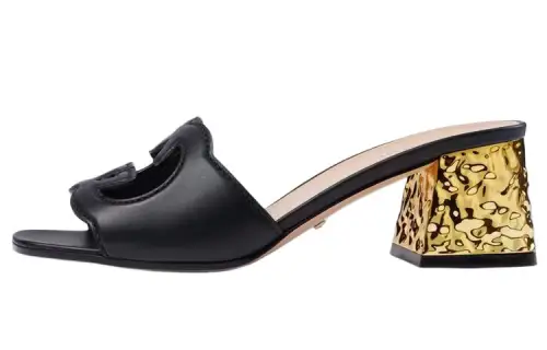 GUCCI Interlocking G Leather Sandals Black Golden Women's