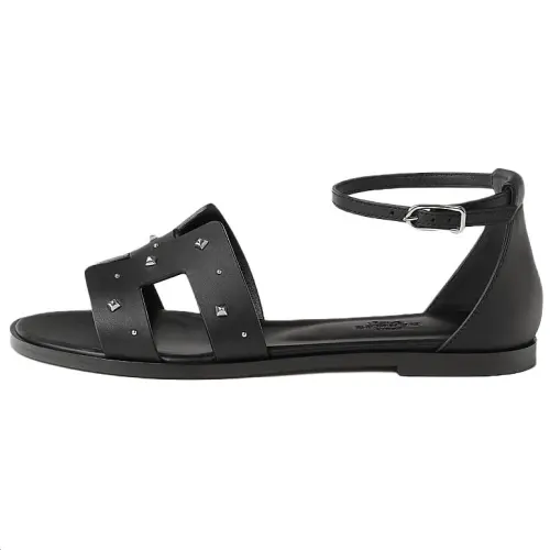 HERMES Santorini Leather One Strap Sandals Women's Black