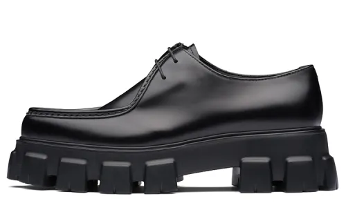 PRADA Monolith Brushed Leather Lace-Up Shoes Black
