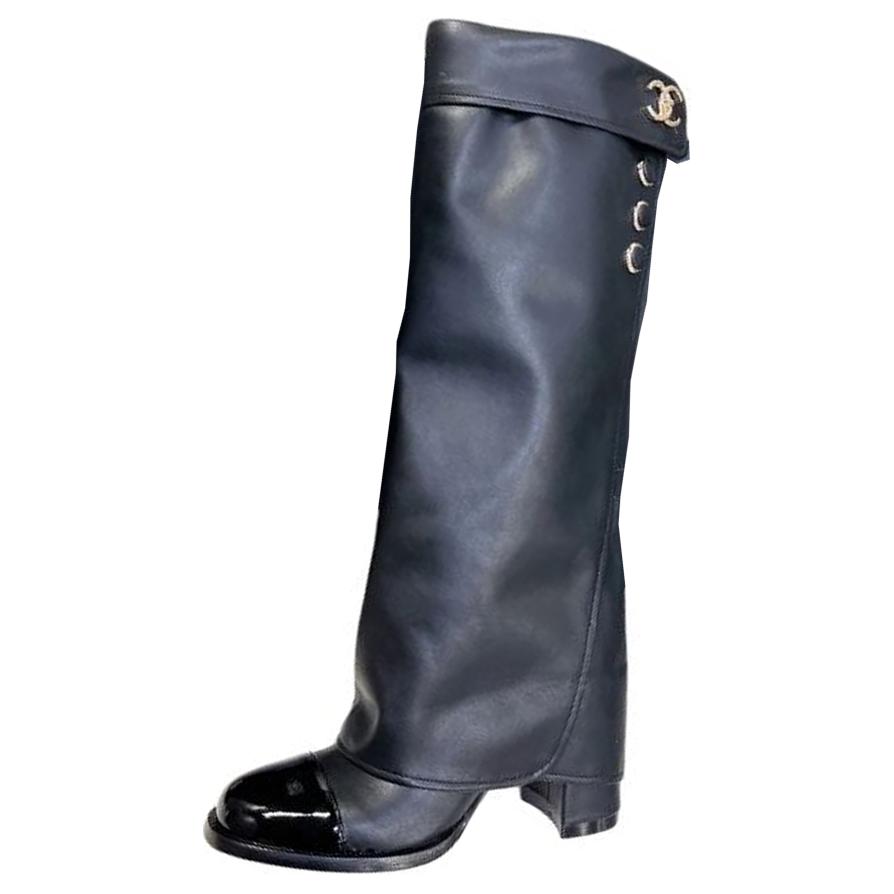 CHANEL Leather Knee high Boots Women's Black