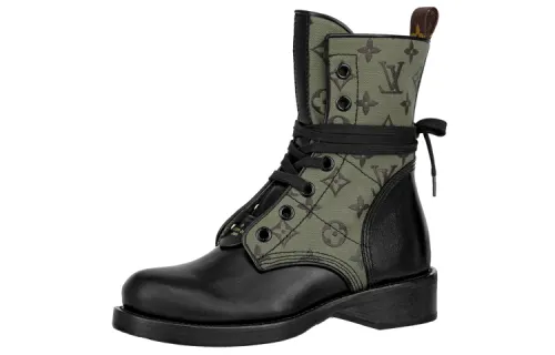 LOUIS VUITTON Metropolis Short Combat Boots Women's Khaki Green Patchwork
