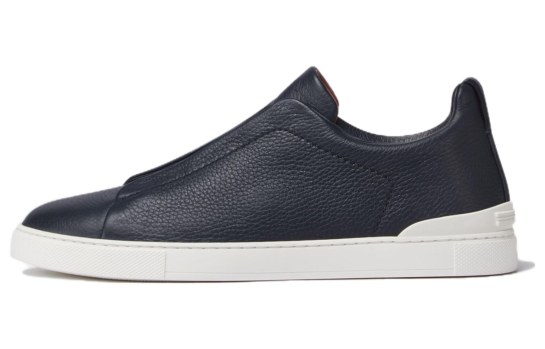 Ermenegildo Zegna Triple Stitch Leather Round Tip Low top Stylish Skateboarding Shoes Men's Marine Blue