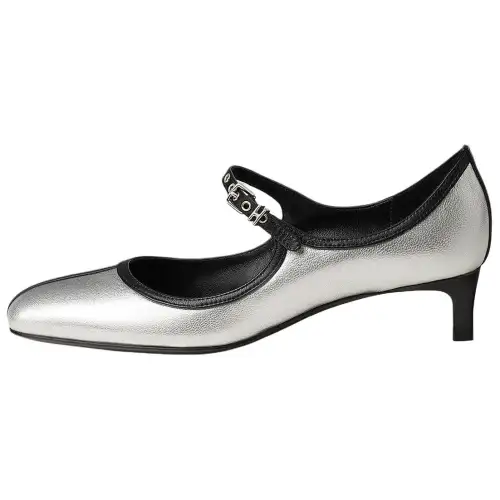 HERMES Lilibeth Leather Slim Heel Mary Jane Shoes 4cm Women's Silver