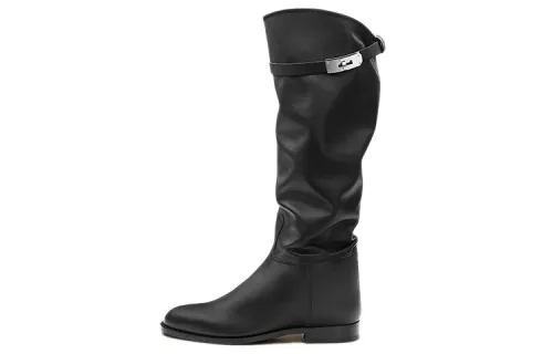 HERMES Jumping Leather Soft Knee high Boots Women's Black