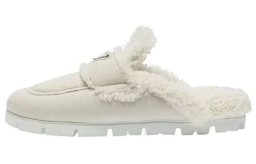 PRADA Comfortable Casual, Wool Fleece Lined Flat Slippers Women's Gray White