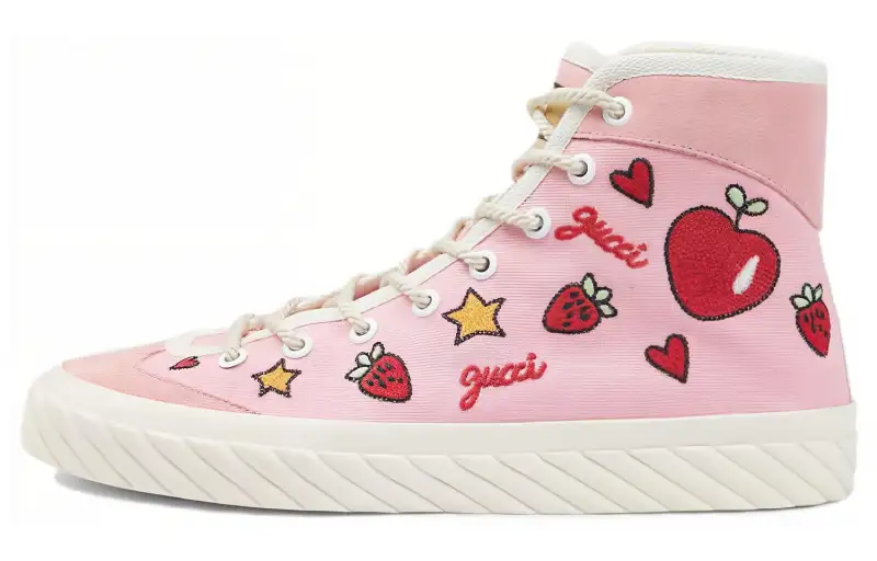 GUCCI Valentine's Day Collection High top Canvas Shoes Women's White Pink