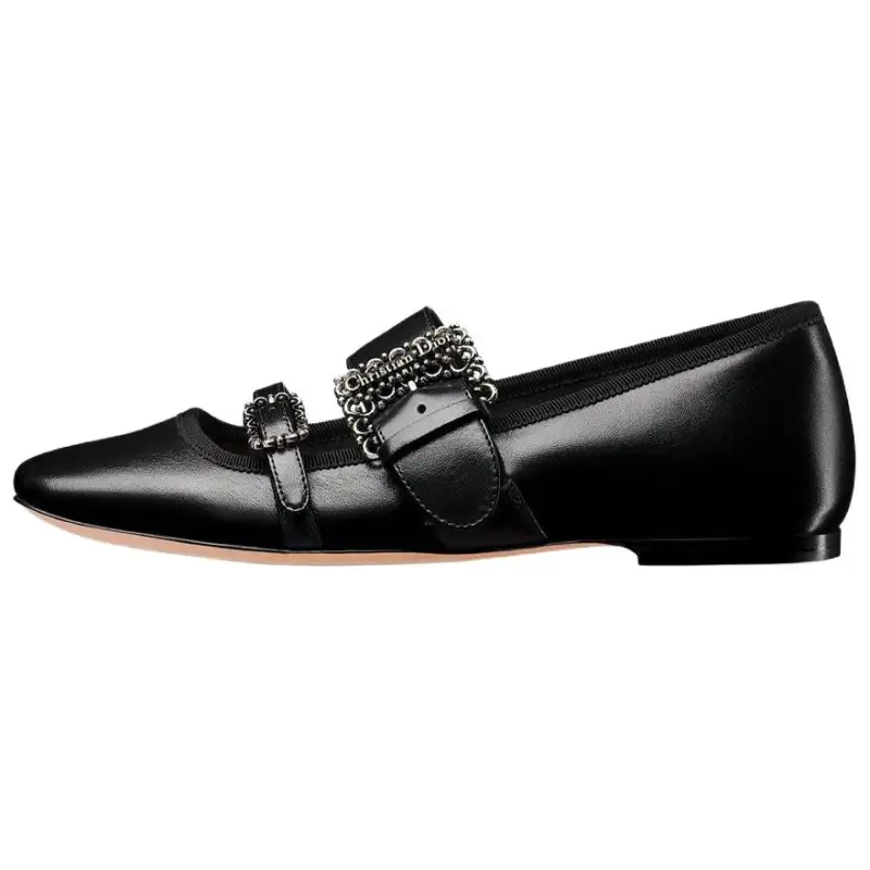 DIOR D Romance Sheepskin Flat Mary Jane Shoes Women's Black