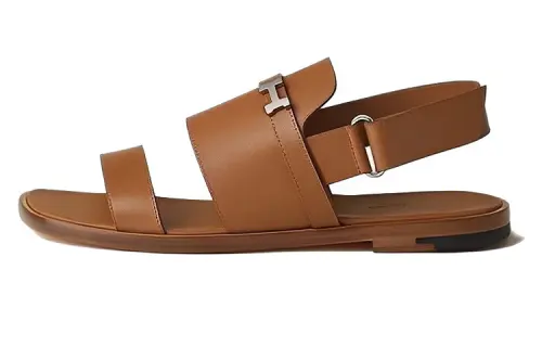 HERMES Henrio Leather One Strap Sandals Men's Brown