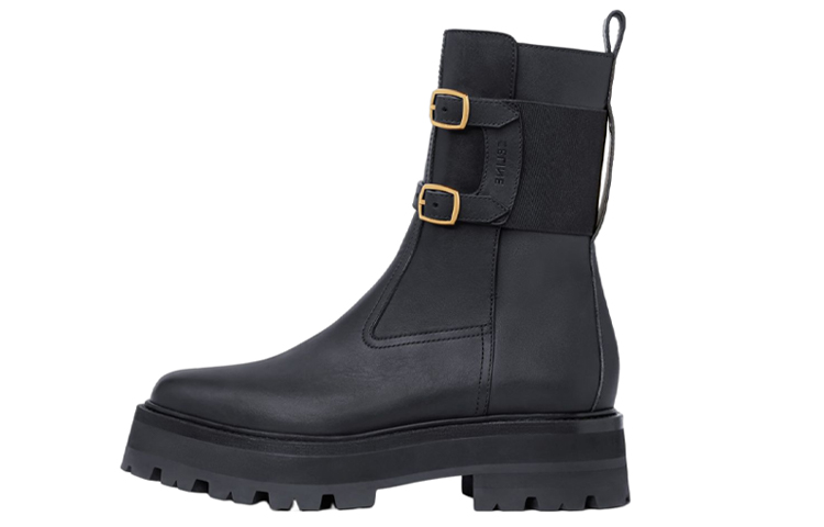 CELINE Bulky Leather Mid Calf Boots Women's Black