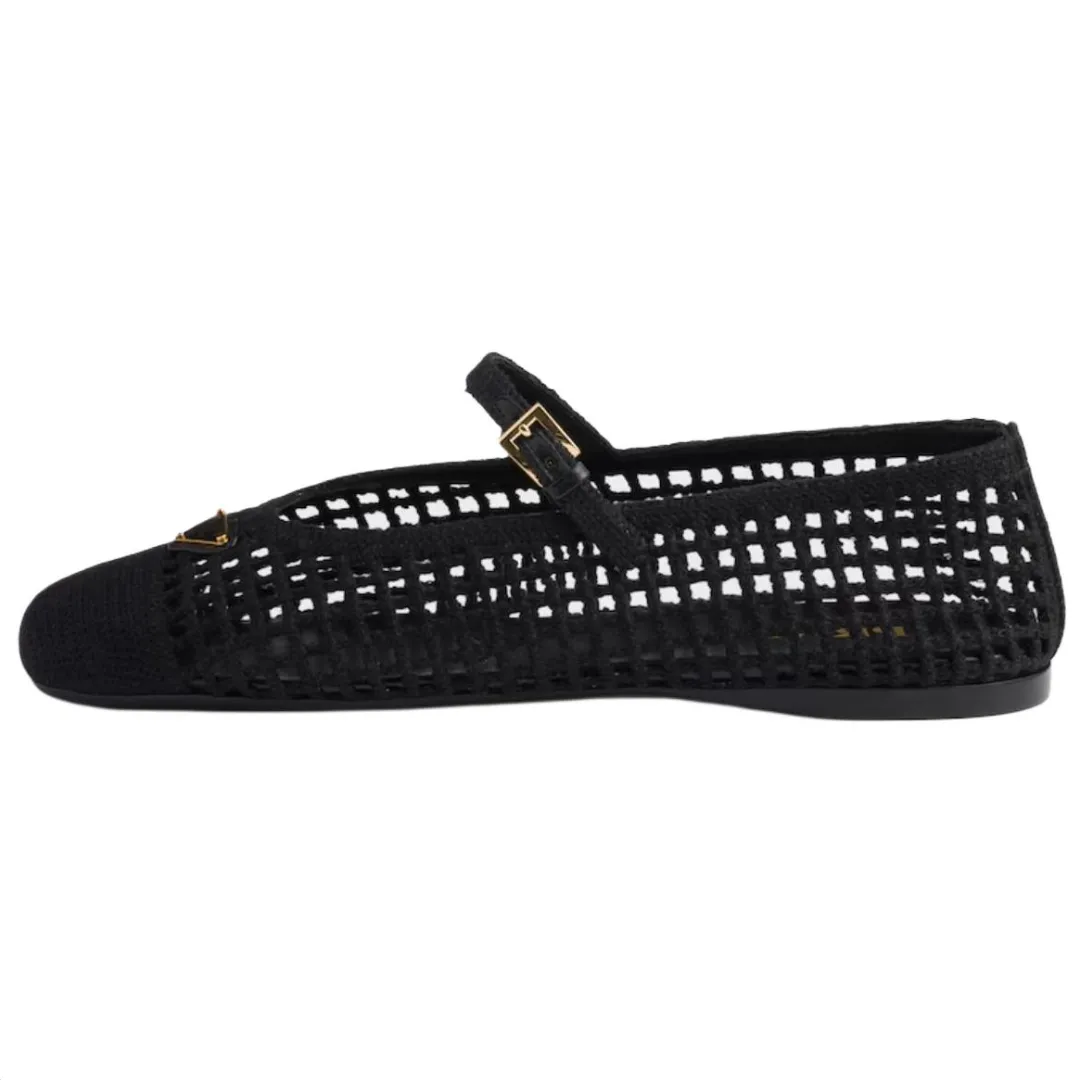 PRADA Crochet Leather Flat Mary Jane Shoes 0.5cm Women's Black