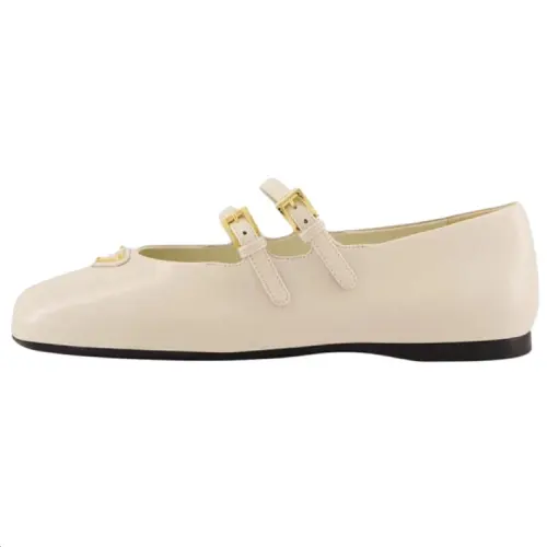 PRADA Leather Flat Mary Jane Shoes Women's Beige