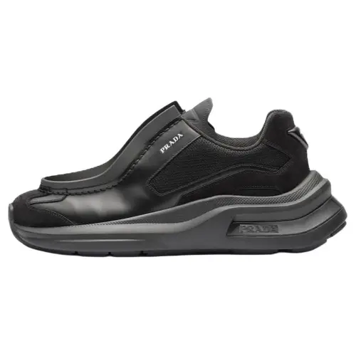 PRADA Brushed Leather Sneakers Bike Fabric Suede Black