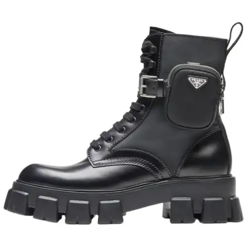 PRADA Monolith 55mm Pouch Ankle Boots Black Brushed Leather And Nylon
