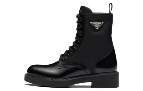 PRADA Women's Brushed Leather And Re-Nylon Ankle Boot 'Black'