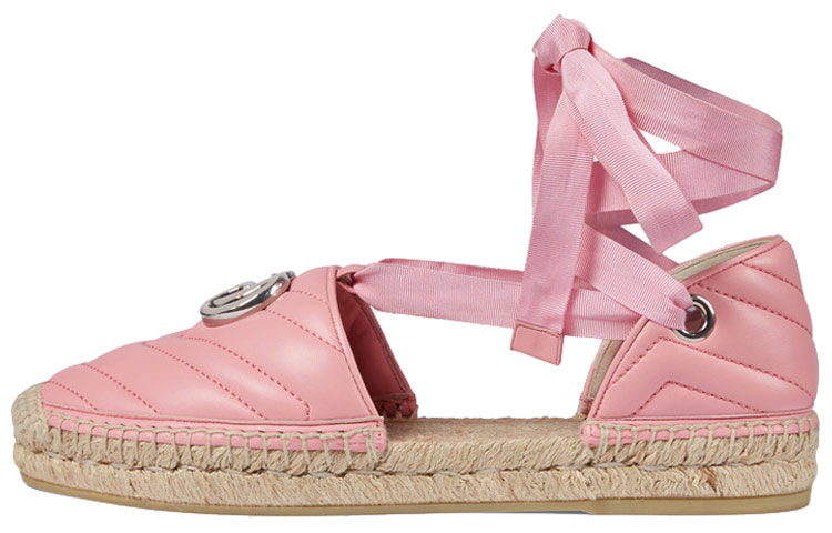 GUCCI Gucci leather strappy straw casual shoes for women pink