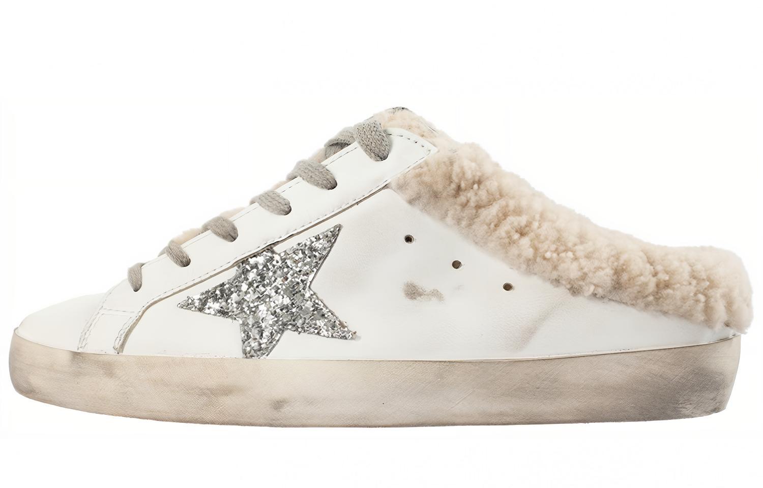 Golden Goose Super-Star Sabot distressed fleece-lined leather pull-on low-top sports sequined cap-toe slippers, women's white
